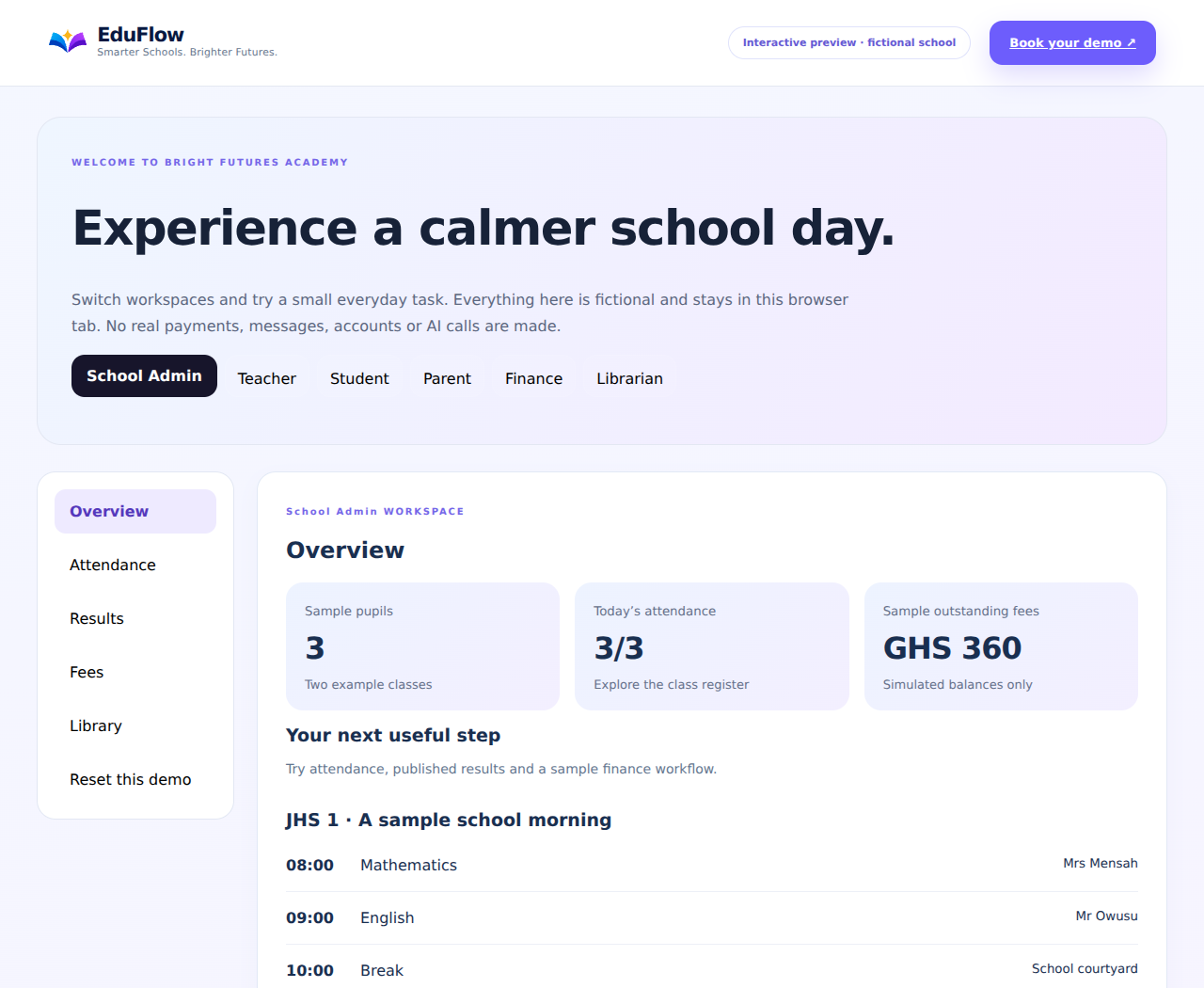 School workspace illustrative preview with fictional data