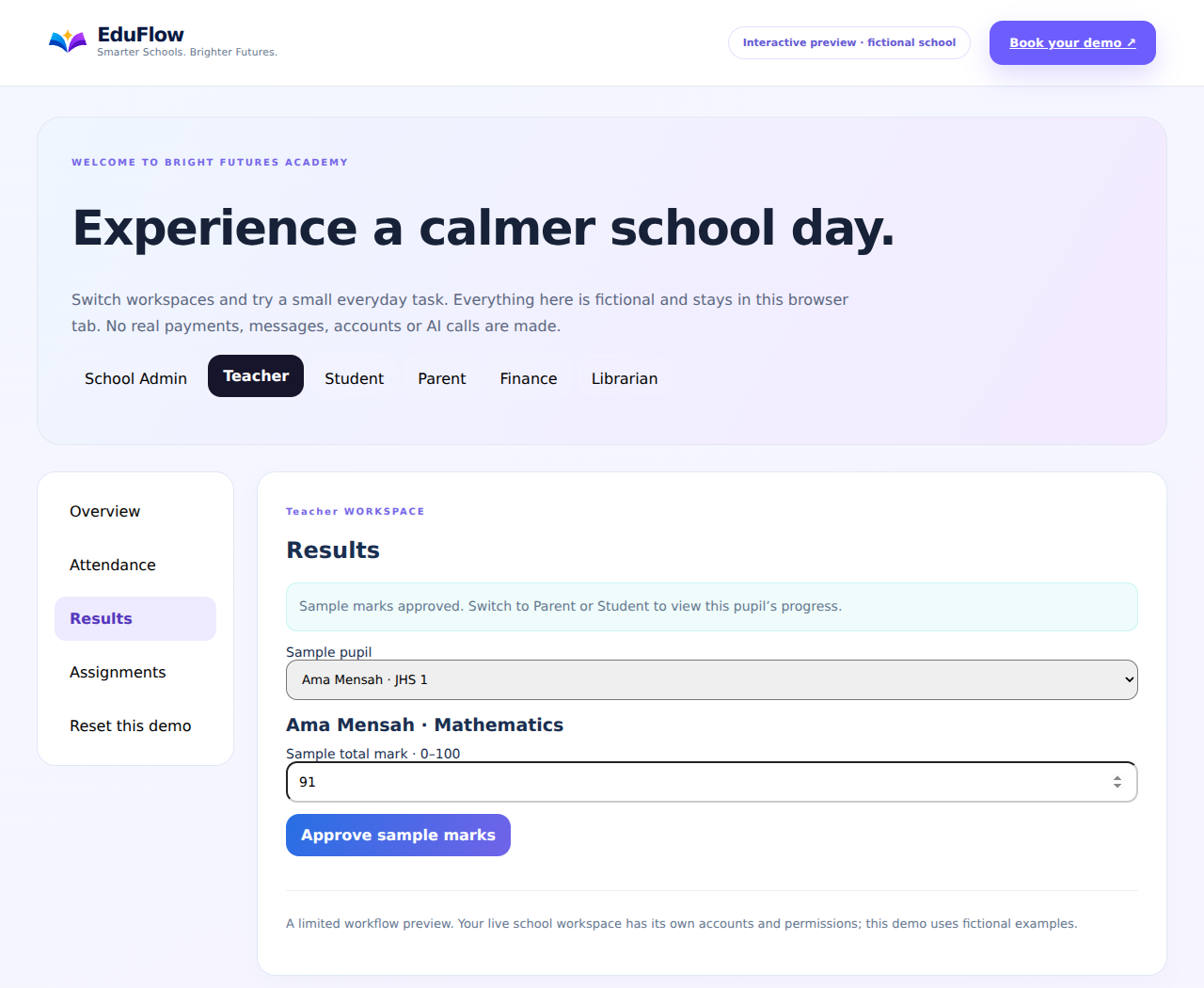 Teacher workspace illustrative preview with fictional data